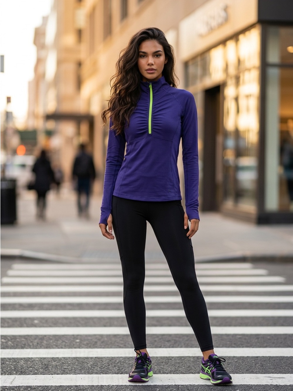 adidas Purple Quarter-Zip Long Sleeve Top with Neon Green Zip